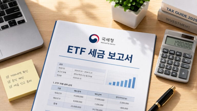 국세청 ETF 세금 보고서가 책상위에 놓여있다