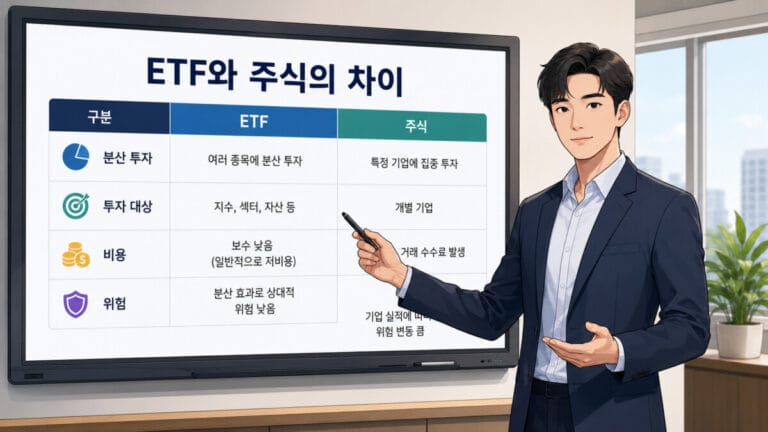 ETF 주식 차이를 설명하는 강사의 모습