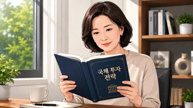 국채 사는법 책을 읽고 있는 중년 여성