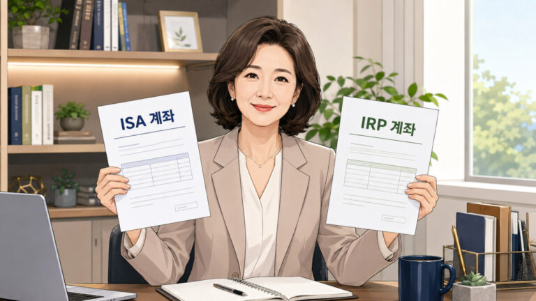중년여성이 ISA IRP 차이를 설명하기위해 서류를 들고 있다