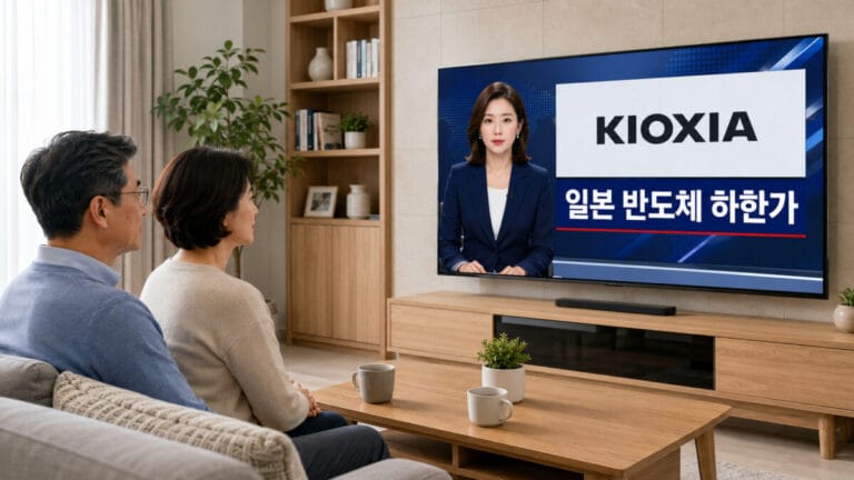 키옥시아 주가 하한가 뉴스를 보고있는 중년부부