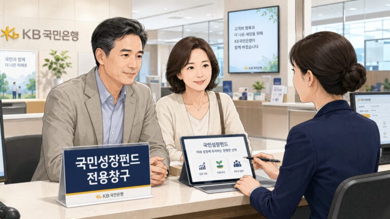 은행창구에서 국민성장펀드 가입방법 상담하는 중년부부