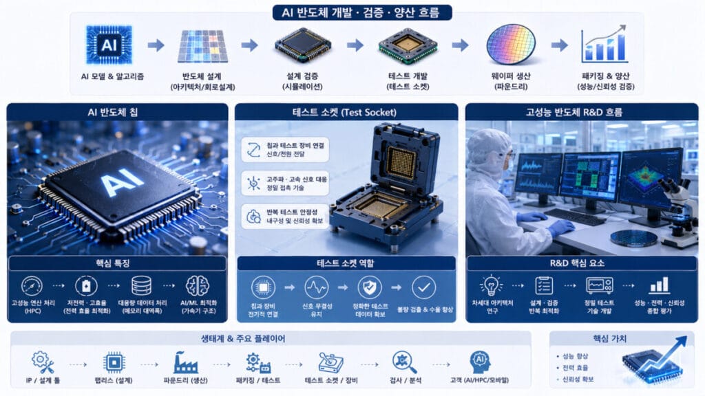 리노공업 주가 전망을 알 수 있는 ai 반도체 테스트 소켓 인포그래픽.