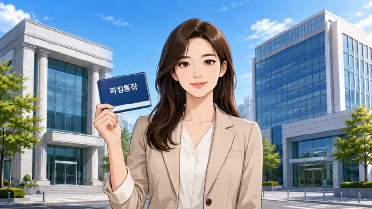 은행과 증권회사 건물 앞에서 파킹통장을 들고 서 있는 여성투자자