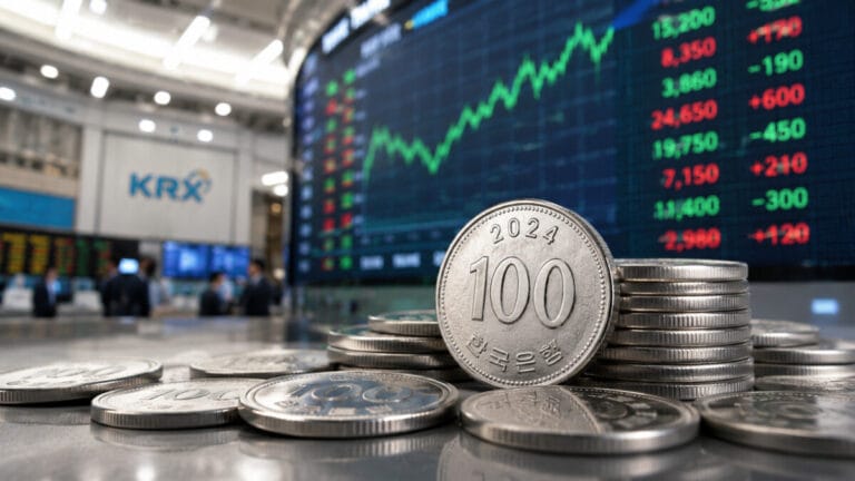 증권거래소 전광판 앞에 100원 동전이 놓여있다. 동전주 상장폐지 설명 이미지