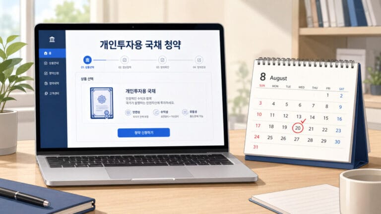 책상위에 노트북과 탁상용 달력이 놓여있고, 개인투자용 채권 청약화면이 보인다.