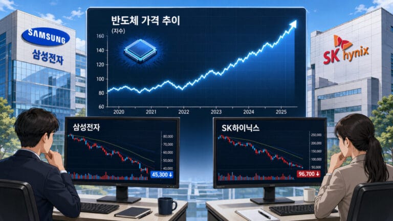 반도체 가격 상승 그래프가 중앙에 있고 좌우로 삼성전자와 SK하이닉스 하락하는 그래프가 대조적으로 보인다