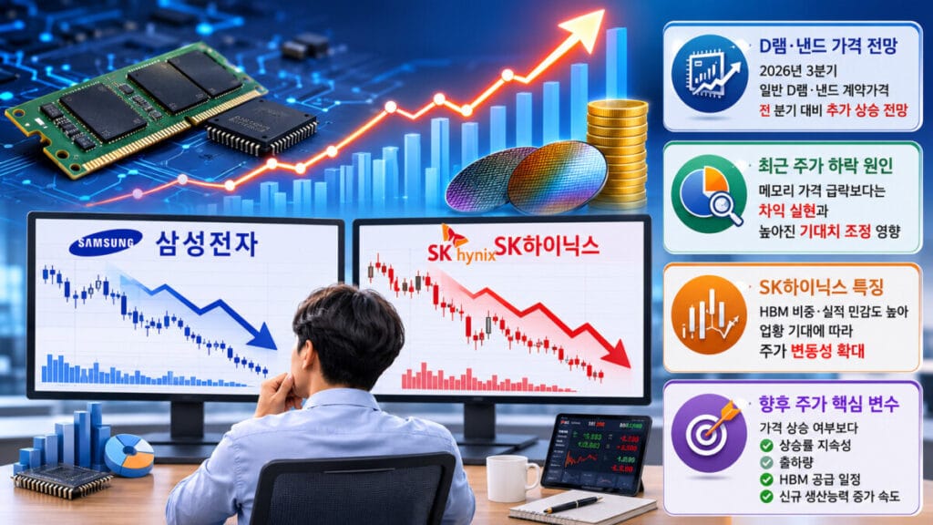 반도체 가격 상승과 삼성전자, SK하이닉스 주가 관계 인포그래픽
