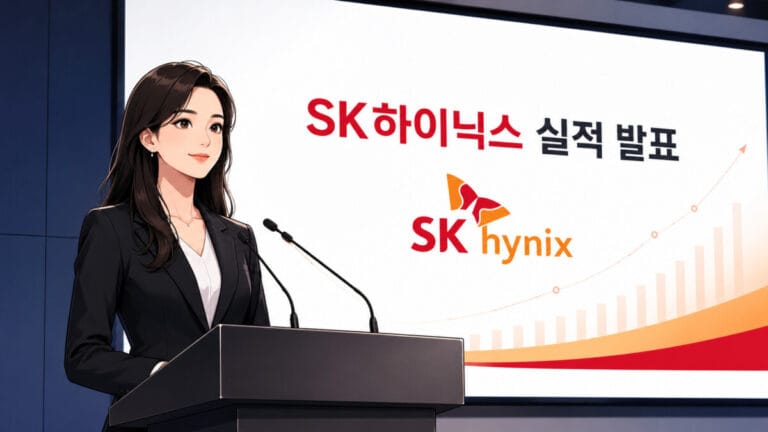대형 스크린 앞에서 한 여성이 sk하이닉스 실적 발표일에 발표를 하고 있다