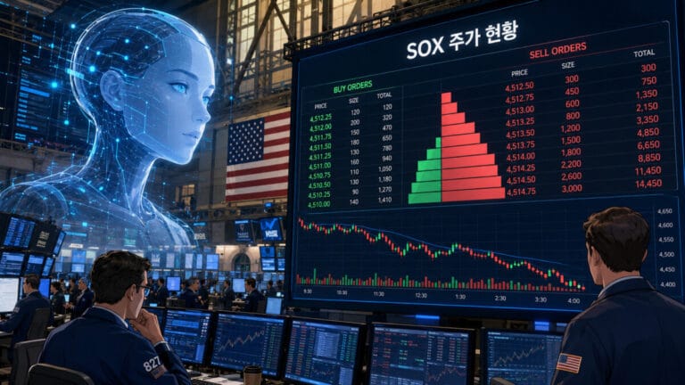 미국 주식 거래소 대형 전광판에 SOX 주가 매도 우위를 나타내는 매도창이 떠있다.