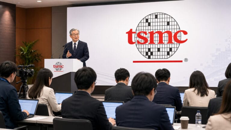 tsmc 실적 발표 현장. 한 남성이 단상에서 발표하고, 그 앞 기자들이 노트북으로 기사를 작성중이다.