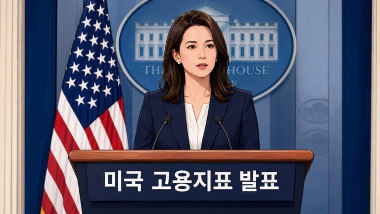 미국 고용지표 발표 현장에서 여성 관계자가 단상에 서있다