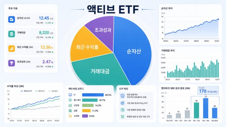 액티브 ETF 순위를 결정짓는 항목들이 다양한 그래프로 만들어져있다