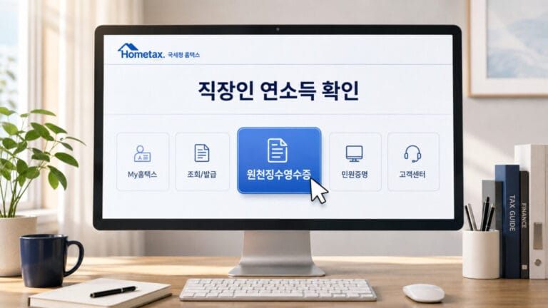홈텍스 직장인 연소득 확인 화면이 모니터에 출력되어 있다