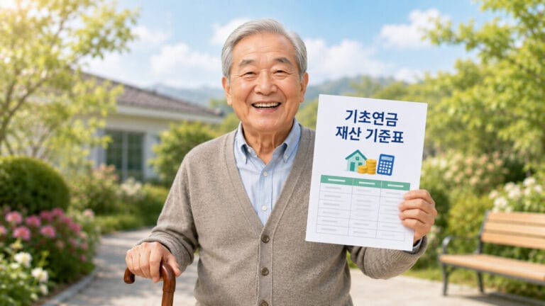 한 노인이 지팡이를 짚고, 기초연금 재산 기준 서류를 들고 웃고있다