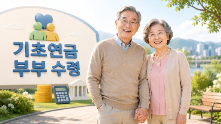 기초연금 부부 수령액에 만족하며 웃고 있는 노년 부부