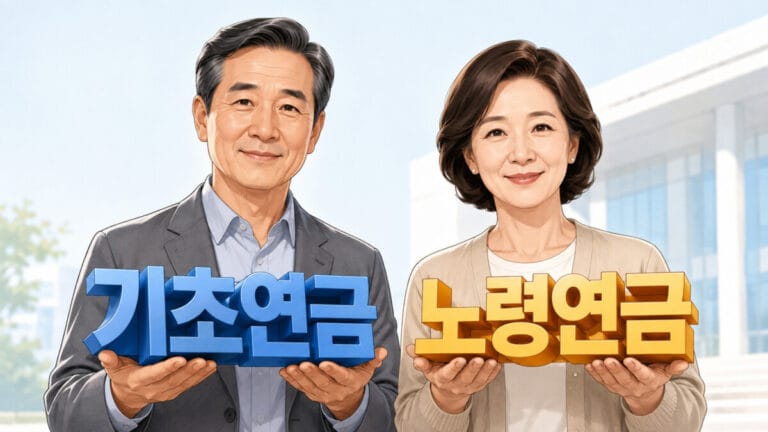 기초연금 노령연금 차이를 설명하기 위해 중년 남성여성이 각각 텍스트 3d를 들고 있다