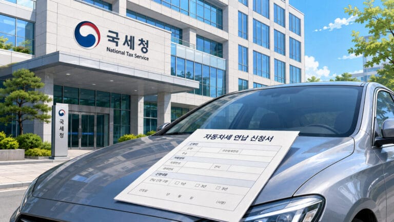 국세청 앞에 차가 주차되어 있고 차 위에 자동차세 연납 신청서가 있다