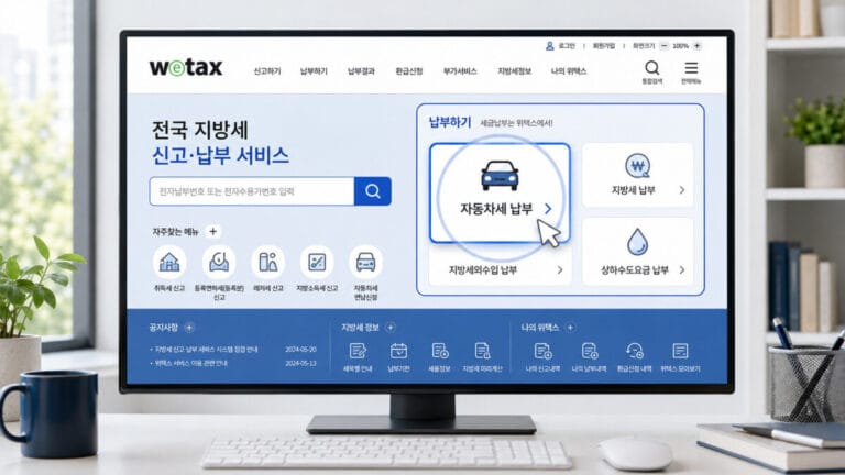 위텍스 메인 화면에 자동차세 조회 메뉴가 확대되어 있다