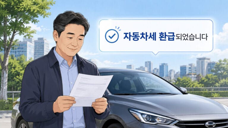 중년의 남성이 자동차 앞에서 자동차세 환급 서류를 보고있다
