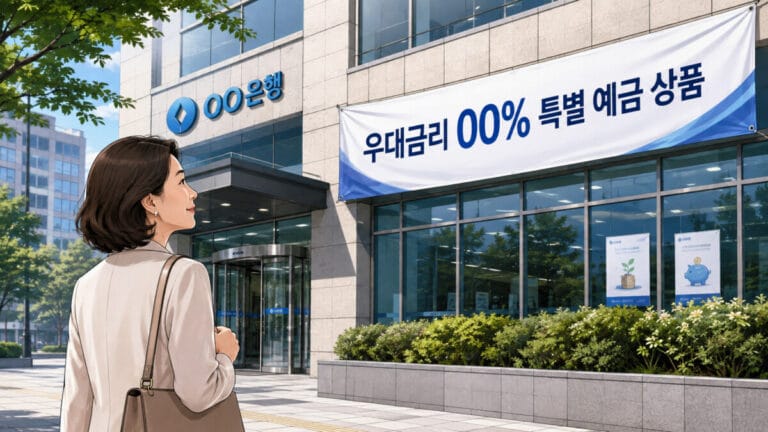 은행 벽면에 우대 예금 금리 적용 플랜카드가 걸려 있고 한 여성이 이를 보고 있다