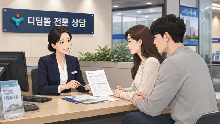 은행에서 디딤돌 대출 금리 알아보고 있는 신혼부부의 모습