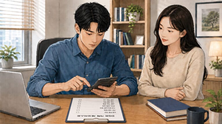 남자가 계산기로 dsr 규제 한도를 계산하고 있고, 여자가 이를 지켜보고 있다