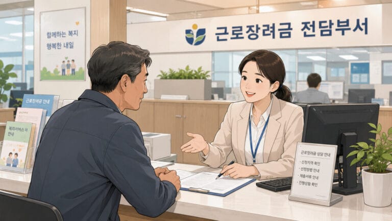 근로장려금 전담부서 상담원과 근로장려금 신청 기간을 상담하는 중년 남성