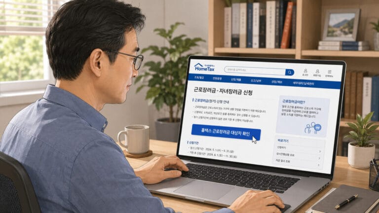 노트북으로 근로자장려금 대상자 확인하는 중년 남성
