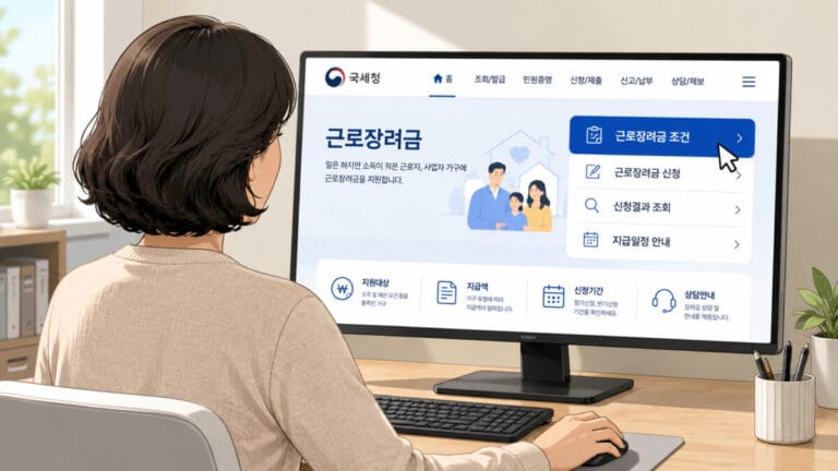 PC에서 근로장려금 조건 확인을 하고 있는 중년 여성