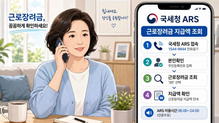 전화로 근로장려금 지급액 조회하고 있는 중년 여성