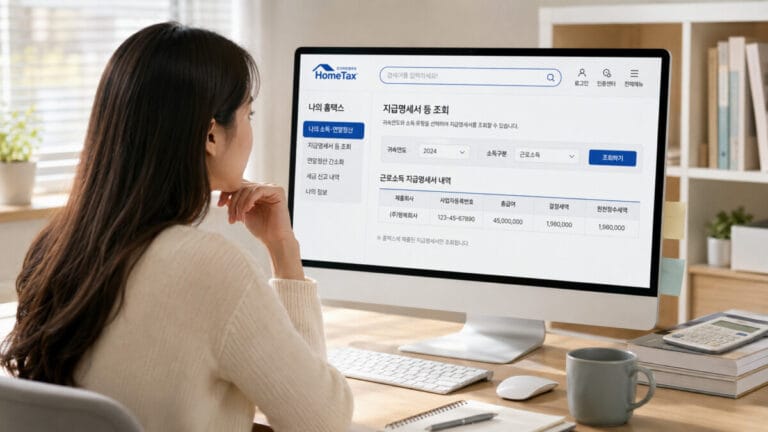 홈텍스에서 근로소득 원천징수 영수증 확인하는 여성