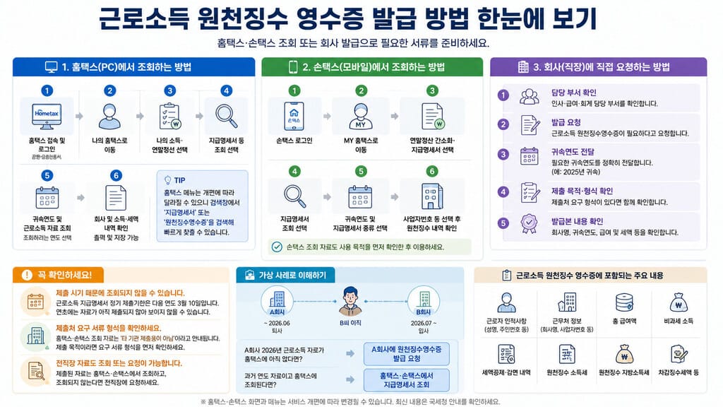 근로소득 원천징수 영수증 발급 방법 인포그래픽