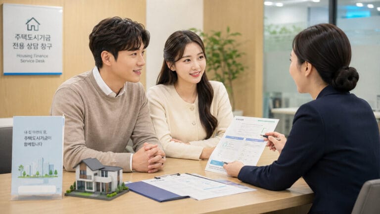 주택도시기금에서 생애최초 주택구입 대출 조건 상담받는 신혼부부