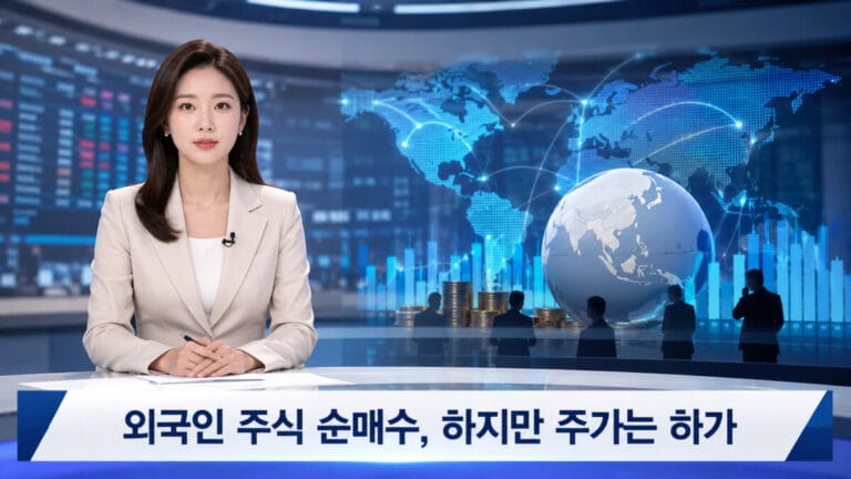 여성 아나운서가 외국인 순매수 주가 하락 관련 제목의 뉴스를 보도하고 있다