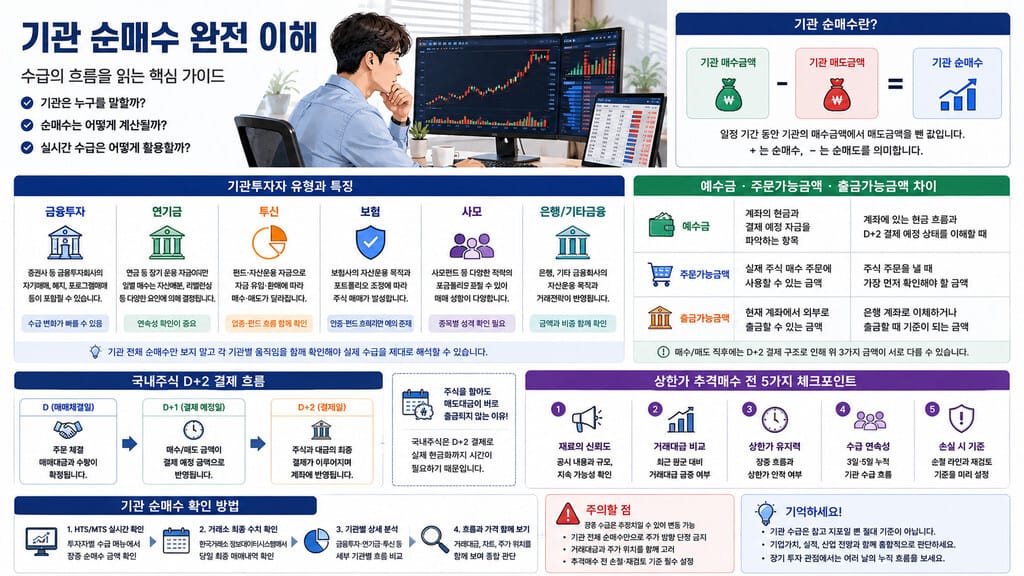기관 순매수 실시간 수급 흐름을 읽는 핵심 가이드 인포그래픽