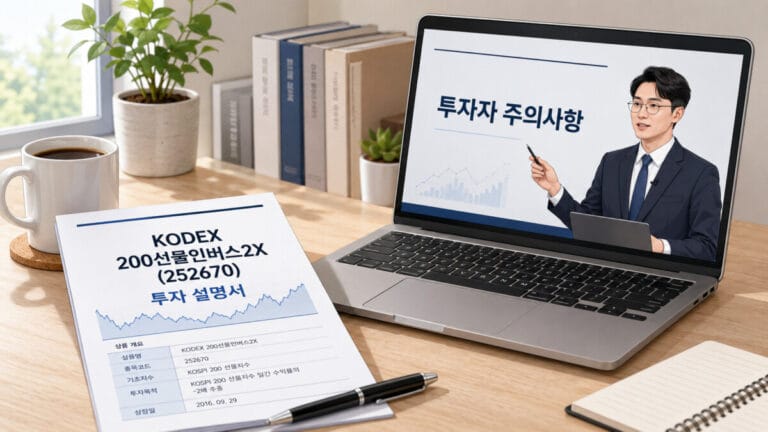 곱버스 상품인 KODEX 200선물인버스2X(252670) 투자설명서가 책상위에 놓여있고, 노트북 화면에는 투자자 주의사항 강의가 켜있다.