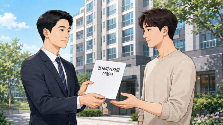 한 남성이 전세퇴거자금 대출 한도 신청서를 다른 남성에게 전달하고 있다