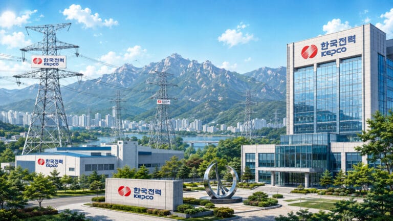 한국전력 주가 : 한국전력 건물 뒤로 산과 송전탑이 보인다.