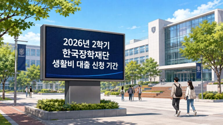 대학교 캠퍼스 전광판에 한국장학재단 생활비대출 신청이라고 적혀있다