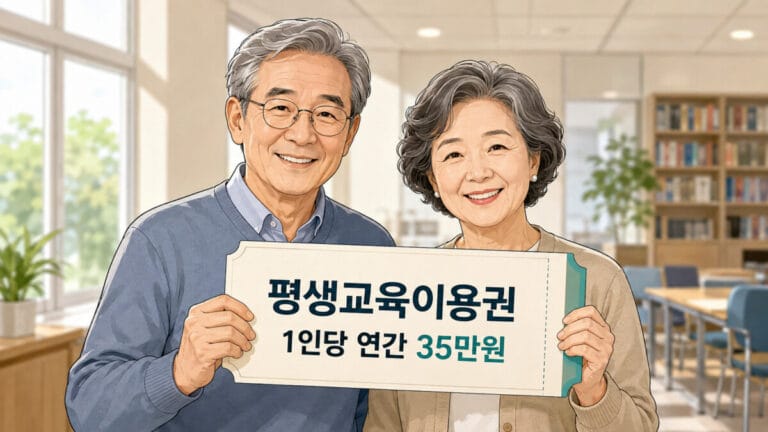 도서관에서 평생교육이용권을 들고 있는 노년 부부의 모습