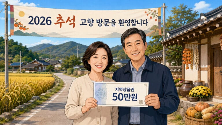 추석 고향방문 환영 플랜카드 앞에서 중년 부부가 민생지원금 지급일에 받은 상품권을 들고 있다