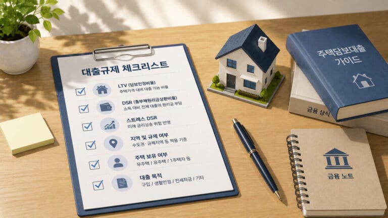 책상위에 대출규제 체크리스트가 놓여있고, 집 모형과 책, 볼펜이 보인다.