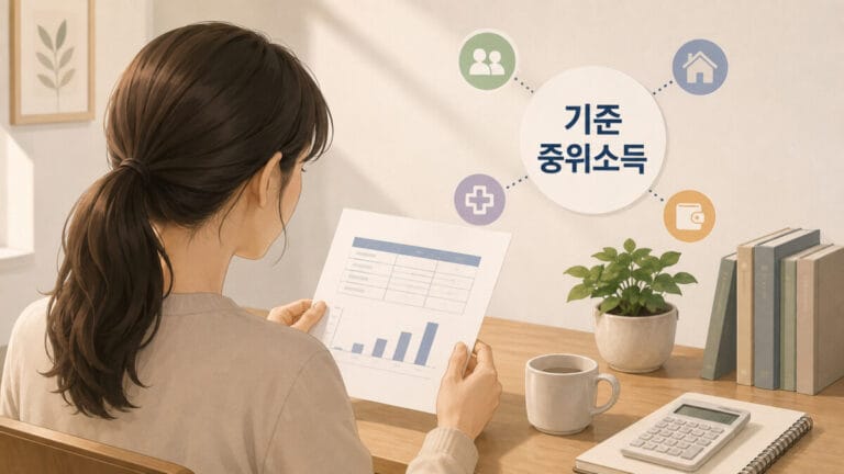 기준중위소득 조건을 보고 있는 여성의 뒷모습