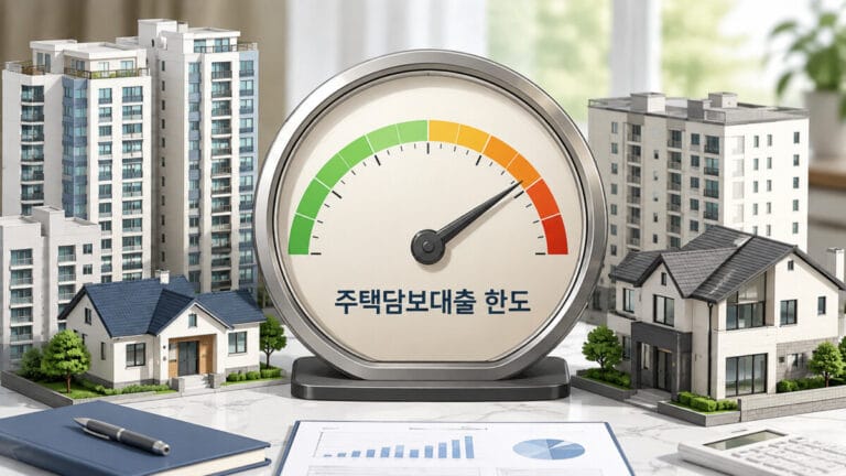 아파트와 주택 모형 사이에 주택담보대출 한도 게이지가 놓여있다