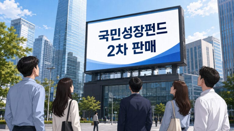 도심 대형 전광판에 국민성장펀드 2차 판매가 적혀있고, 사람들이 쳐다보고있다