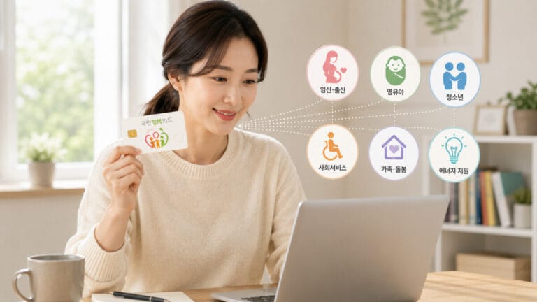국민행복카드 활용처를 노트북으로 조회하는 주부