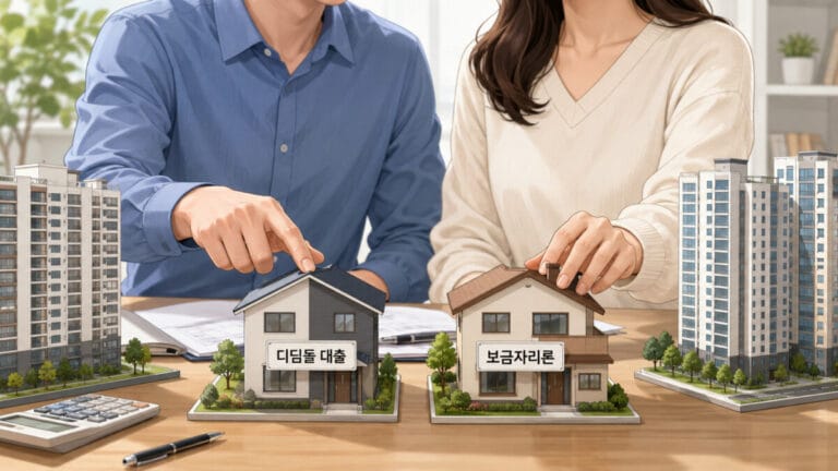 디딤돌 대출과 보금자리론 주택 모형을 가리키며 무주택자 주택담보대출 한도 알아보는 신혼 부부