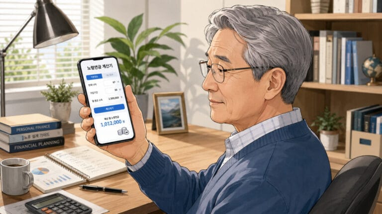 남성 노인이 스마트폰으로 노령연금 금액 계산을 하고 있다