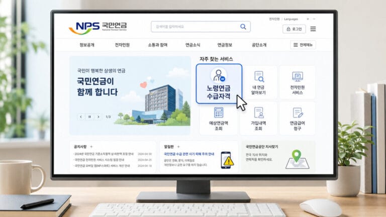 국민연금 홈페이지에서 노령연금 수급자격 메뉴에 마우스 커서가 가있다.